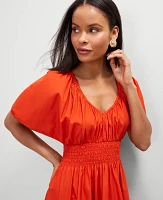 Ann Taylor Petite Smocked Puff Sleeve Midi Dress Red Pepper Women's