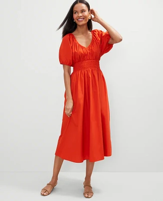 Ann Taylor Petite Smocked Puff Sleeve Midi Dress Red Pepper Women's