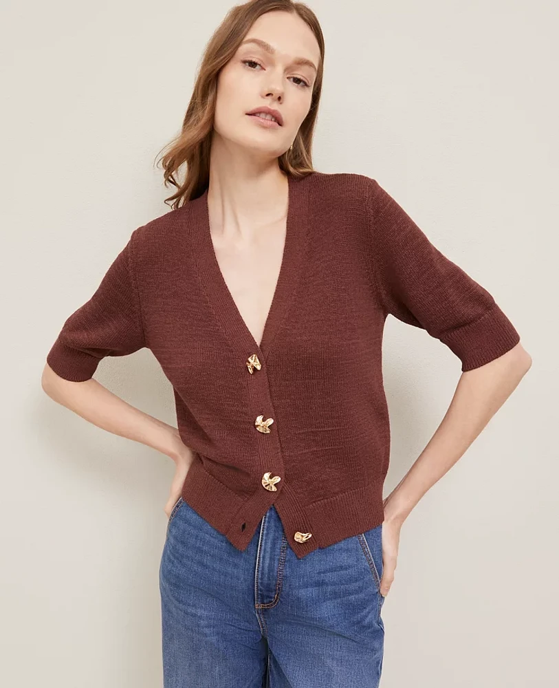 Ann Taylor Petite Novelty Button V-Neck Cardigan Size 2XS Rich Walnut Women's