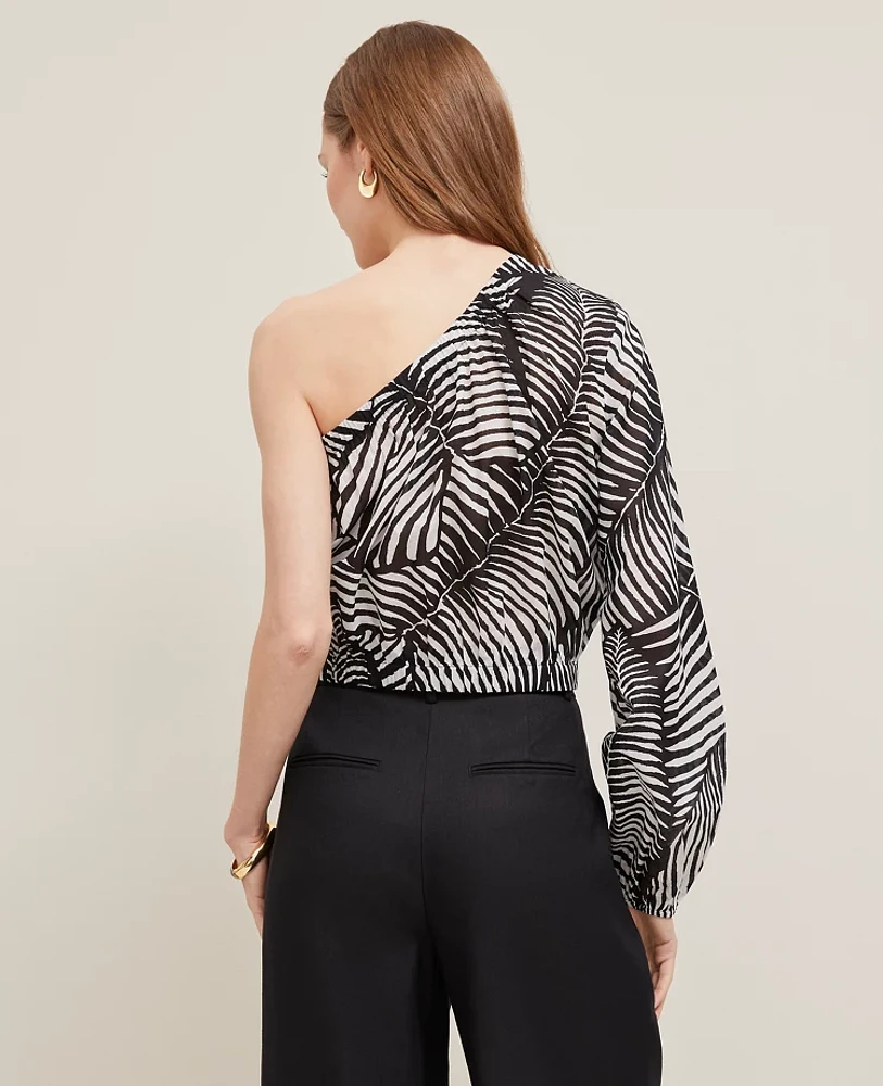 Ann Taylor Tall One-Shoulder Blouse in Palm Print Size Small Black Women's