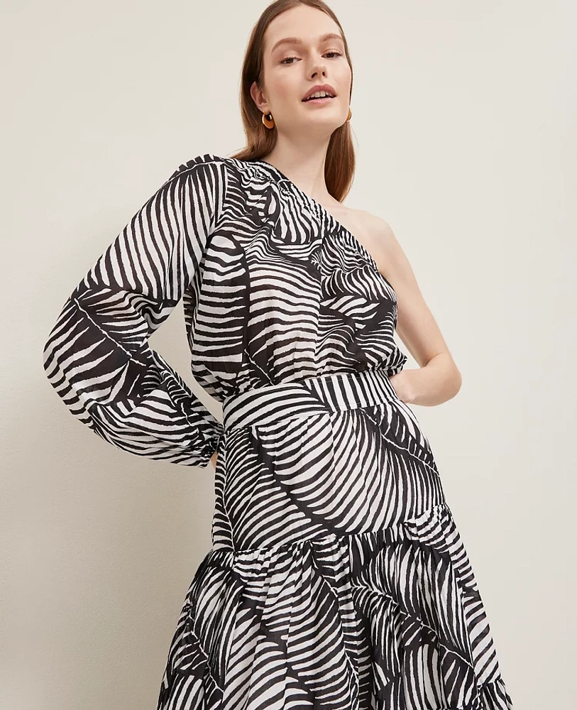 Ann Taylor Tall One-Shoulder Blouse in Palm Print Size Small Black Women's