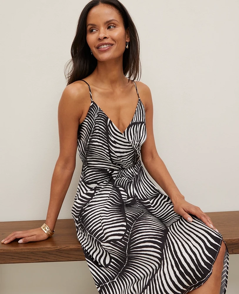 Ann Taylor Petite Satin Strappy Sheath Dress in Palm Print Size 00 Black Women's