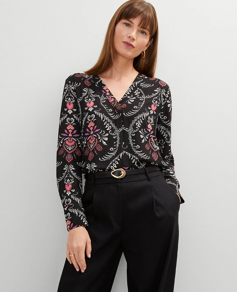 Ann Taylor Petite Floral Mixed Media Top Black Women's