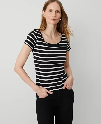 Ann Taylor Petite Striped Square Neck T-Shirt Black Women's