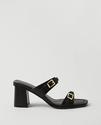 Ann Taylor Double Strap Leather Block Heel Sandals Size 7 Black Women's