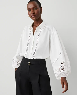 Ann Taylor Petite Embroidered Linen Blend Puff Sleeve Blouse White Women's