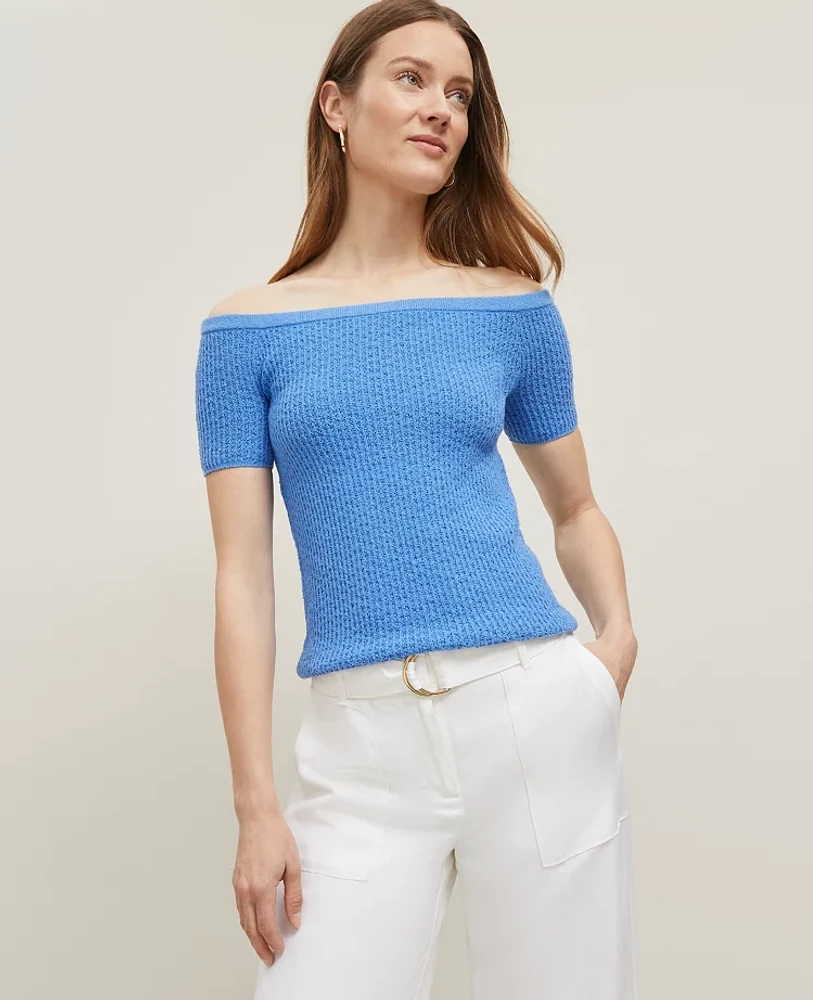 Ann Taylor Petite Textured Off-The-Shoulder Sweater Maritime Blue Women's