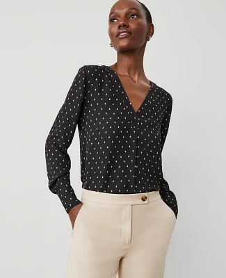 Ann Taylor Petite Geo V-Neck Mixed Media Top Black Women's