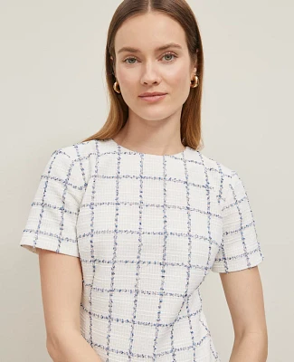 Ann Taylor Petite Plaid Tweed Button Pocket Dress Size 00 Blue Glint Neutral Women's
