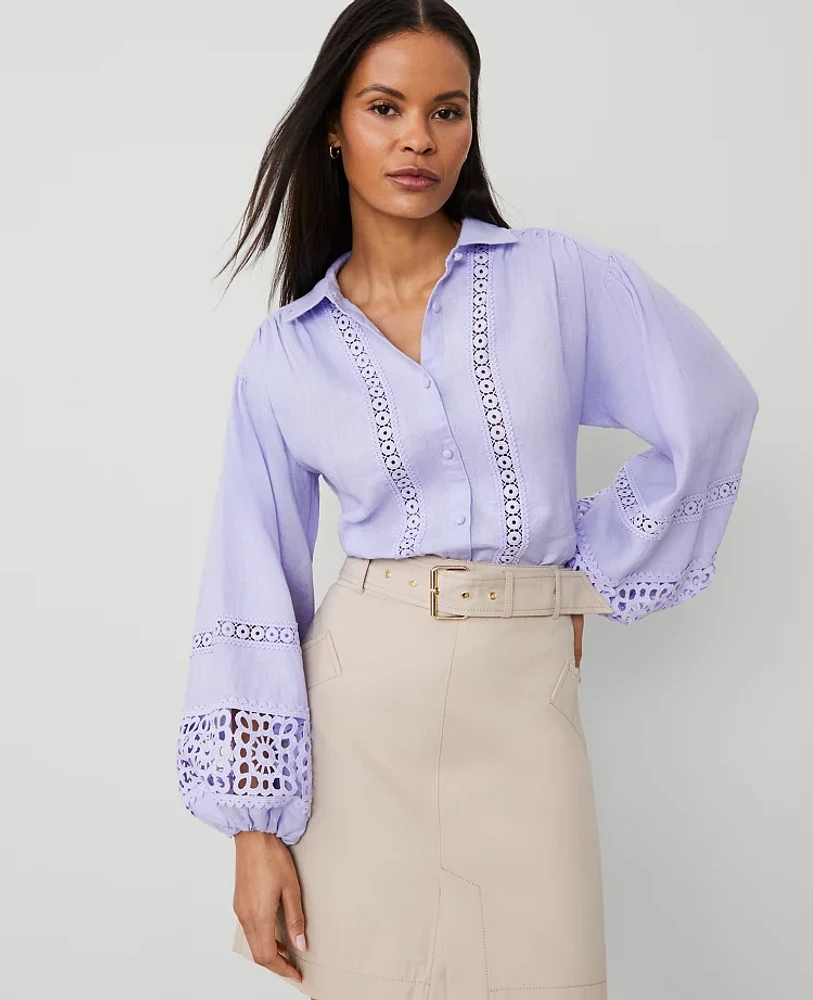 Ann Taylor Petite Embroidered Linen Puff Sleeve Blouse Size Small Lilac Bud Women's