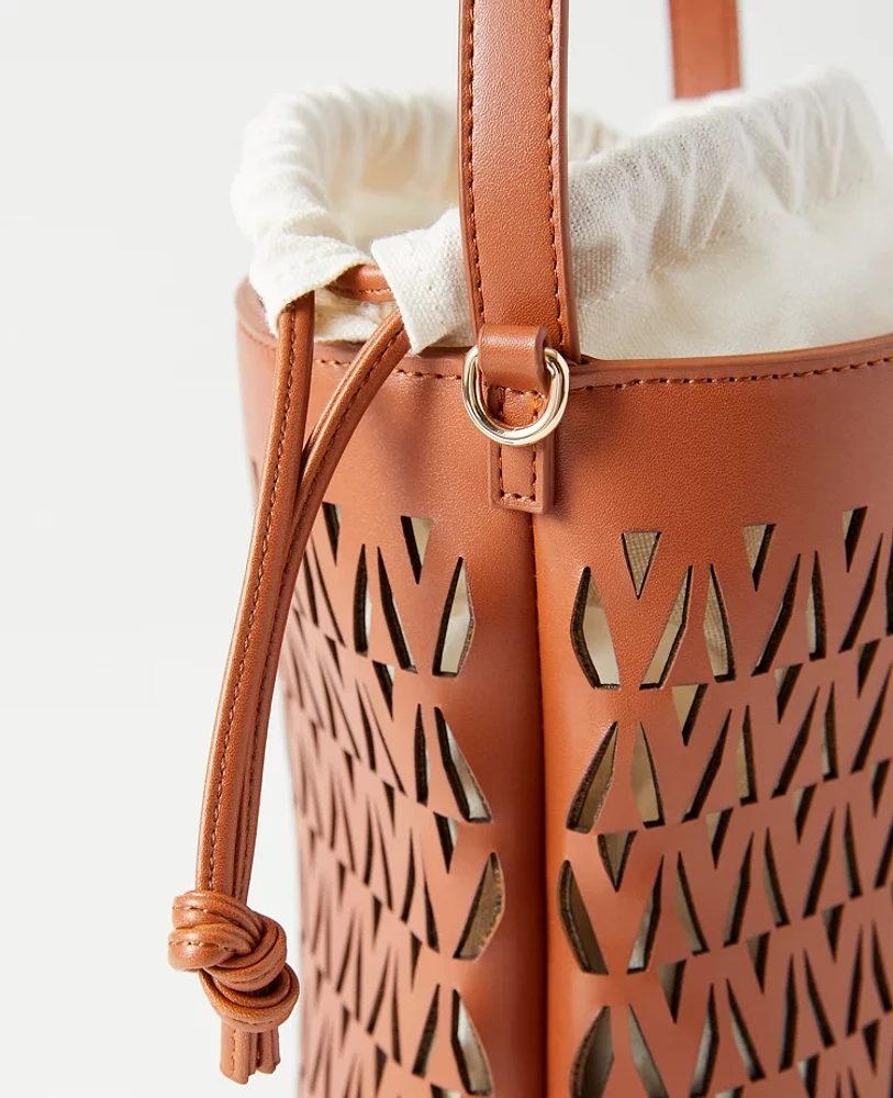 Ann Taylor Weekend Collection Perforated Crossbody Bucket Bag Midnight Mahogany Women's