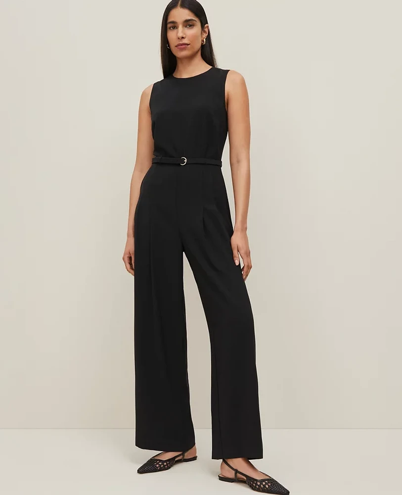 Ann Taylor Belted Crew Neck Jumpsuit Black Women's