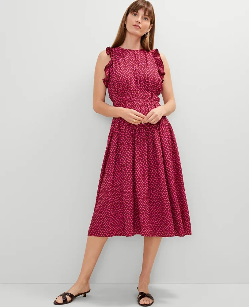 Ann Taylor Dotted Ruffle Midi Dress Oxide Red Women's