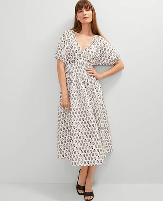 Ann Taylor Floral Smocked Puff Sleeve Midi Dress Winter White Women's