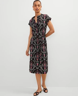 Ann Taylor Petite Floral Knit Belted Shirtdress Black Women's