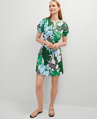Ann Taylor Petite Floral Split Neck Flare Dress Leafy Green Women's
