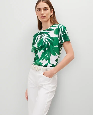 Ann Taylor Petite Floral Crew Neck T-Shirt Leafy Green Women's