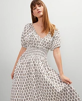 Ann Taylor Petite Floral Smocked Puff Sleeve Midi Dress Winter White Women's