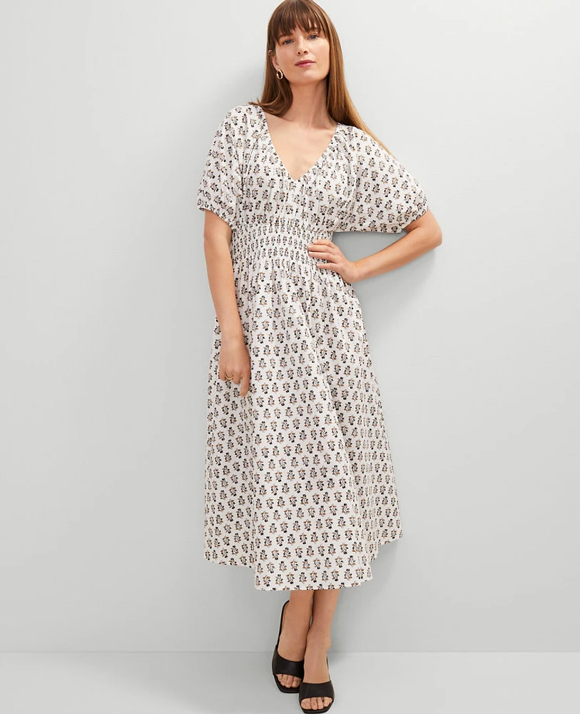 Ann Taylor Petite Floral Smocked Puff Sleeve Midi Dress Winter White Women's