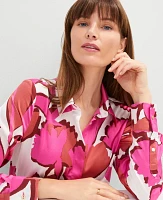 Ann Taylor Petite Floral Satin Essential Shirt Rose Violet Women's
