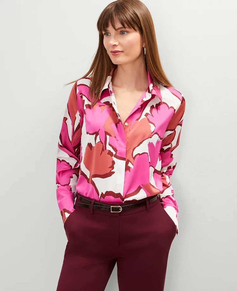 Ann Taylor Petite Floral Satin Essential Shirt Rose Violet Women's
