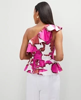 Ann Taylor Petite Floral One-Shoulder Tie Waist Blouse Rose Violet Women's