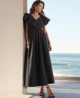 Ann Taylor Petite Ruffle Collar Maxi Flare Dress Black Women's