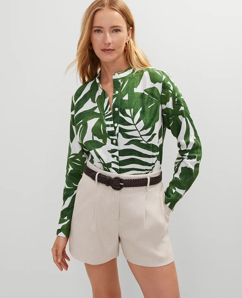 Ann Taylor Petite Floral Linen Perfect Shirt Leafy Green Women's