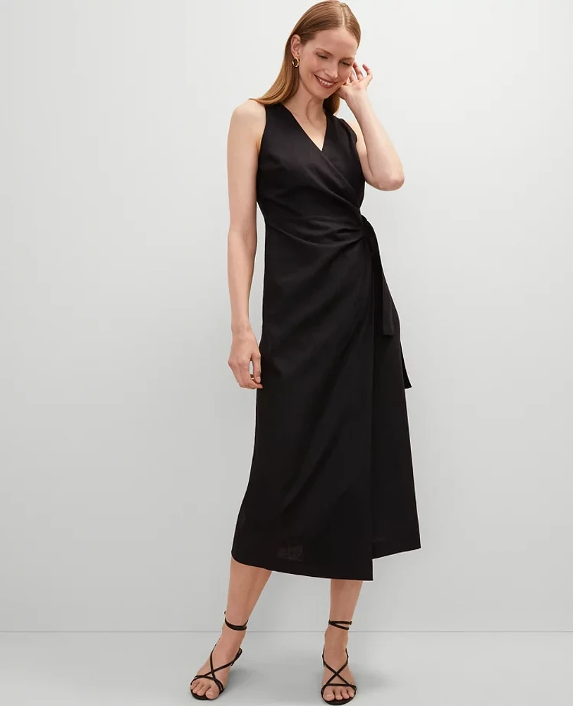 Ann Taylor Petite Linen Blend V-Neck Wrap Dress Black Women's