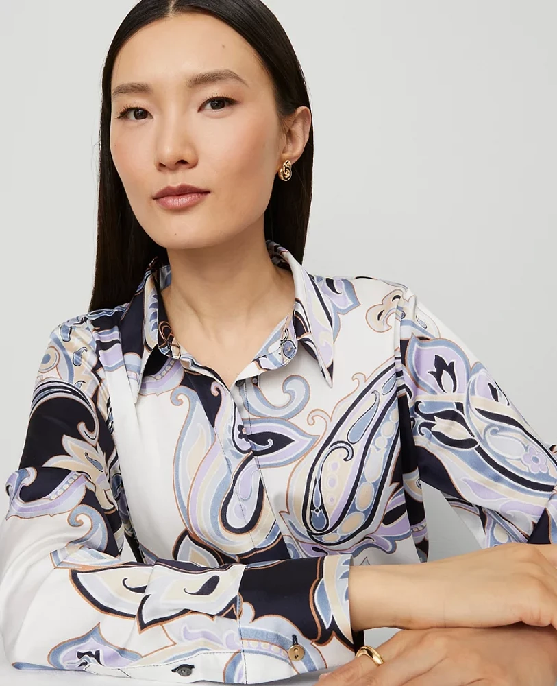 Ann Taylor Paisley Satin Essential Shirt Night Sky Women's