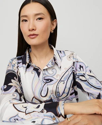 Ann Taylor Paisley Satin Essential Shirt Night Sky Women's