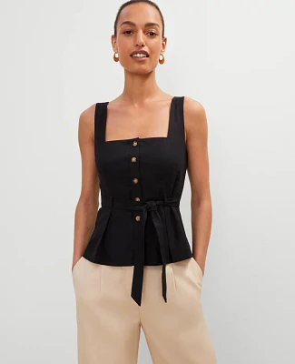 Ann Taylor Linen Blend Button Tie Waist Top Women's