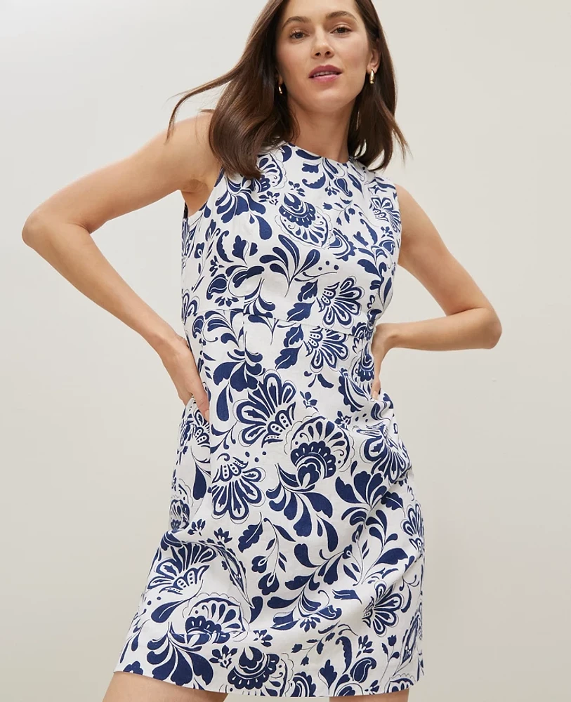 Ann Taylor Floral Linen Blend Shift Dress Royalty Blue Women's