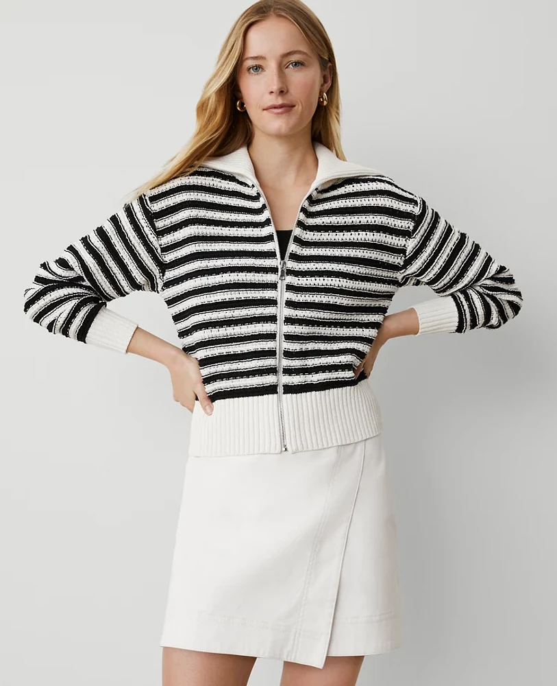 Ann Taylor Weekend Collection Striped Bomber Sweater Jacket White/Black Multi Women's