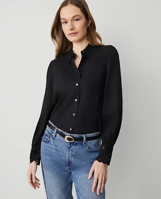 Ann Taylor Embroidered Linen Blend Pocket Shirt Women's