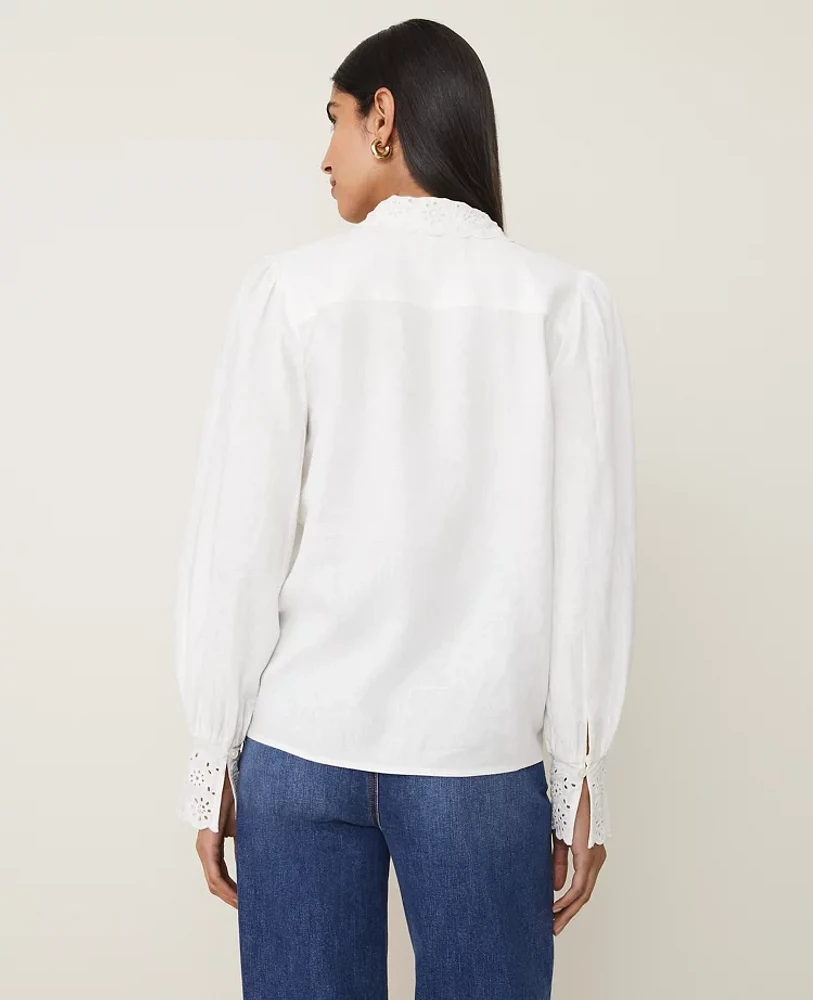 Ann Taylor Embroidered Linen Blend Pocket Shirt Women's