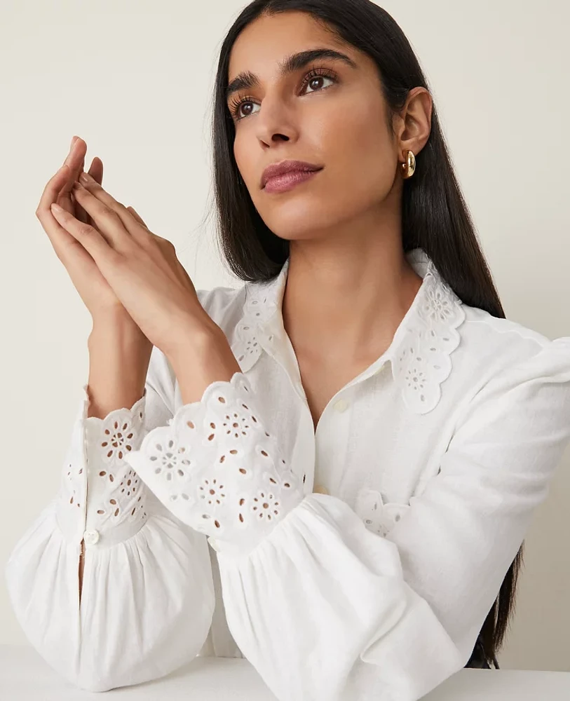 Ann Taylor Embroidered Linen Blend Pocket Shirt Women's