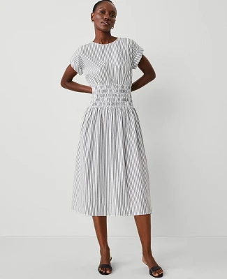 Ann Taylor Petite Striped Smocked-Waist Midi Flare Dress Black Women's