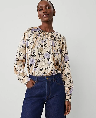 Ann Taylor Petite Floral Shirred Raglan Top Toasted Oat Women's