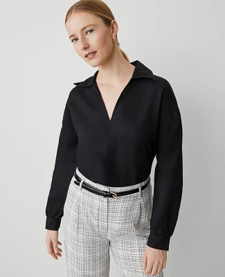 Ann Taylor Petite Linen Collared Popover Top Women's