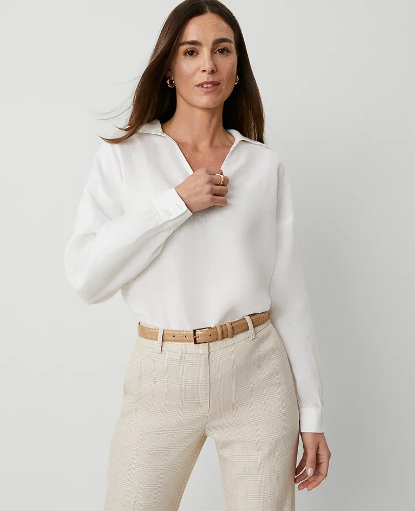 Ann Taylor Petite Linen Collared Popover Top Women's