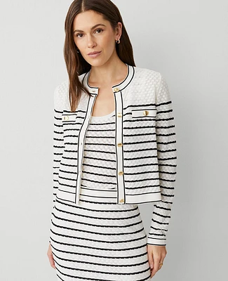 Ann Taylor Petite Textured Striped Pocket Cardigan White/Black Multi Women's