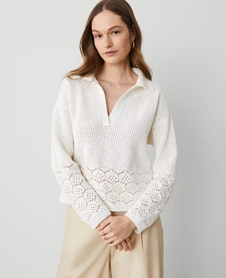 Ann Taylor Petite Crochet Collared Sweater White Women's