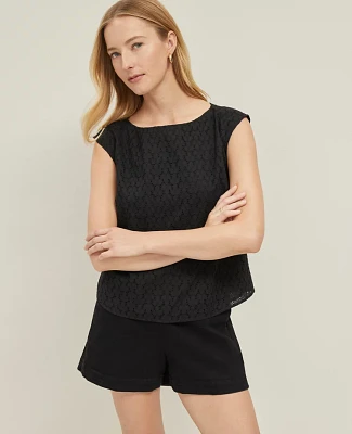 Ann Taylor Eyelet Sleeveless Crew Neck Top Black Women's