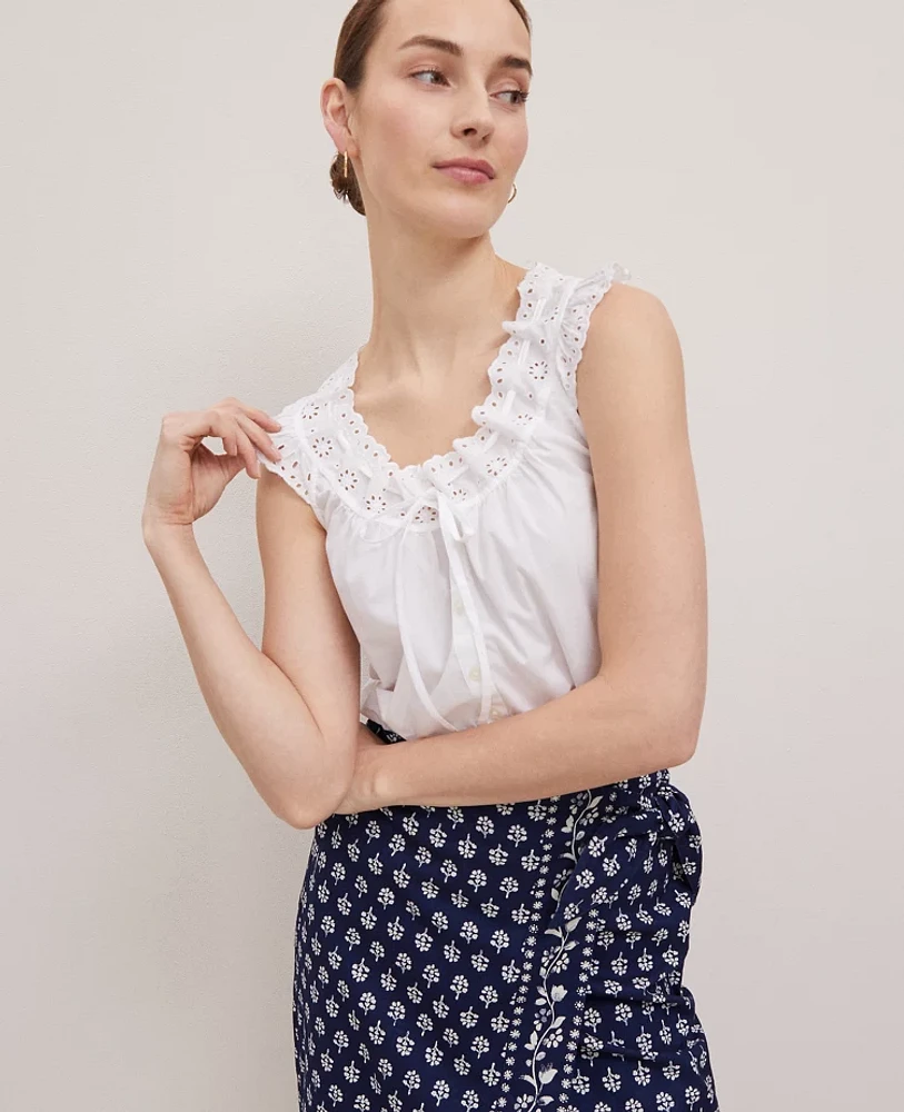 Ann Taylor Petite Weekend Collection Eyelet Tie Neck Top White Women's
