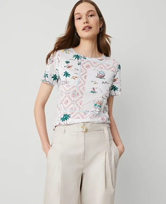 Ann Taylor Map Print Crew Neck T-Shirt Burnt Mauve Women's