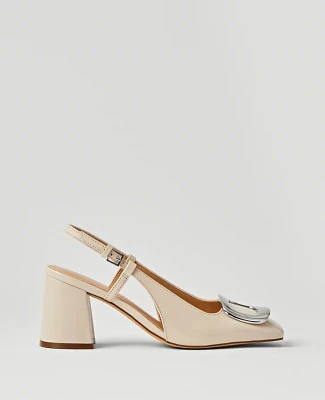 Ann Taylor Patent Block Heel Buckle Slingback Pumps Pearl Shadow Women's