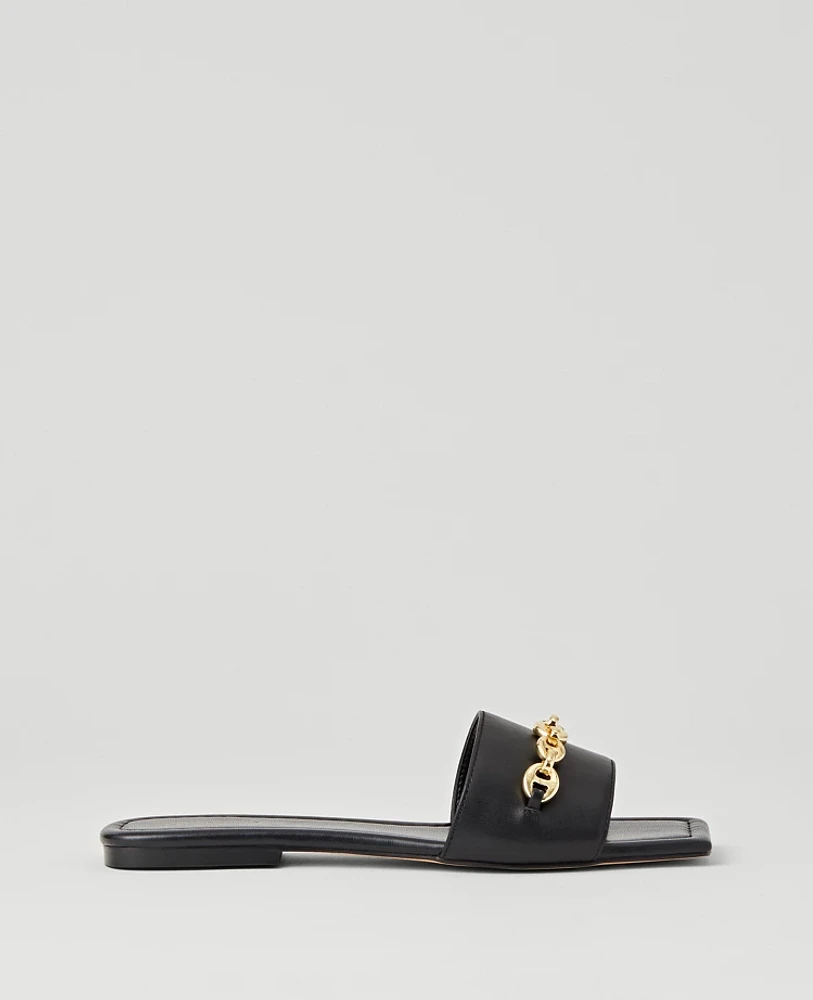 Ann Taylor Chain Leather Slide Sandals Black Women's