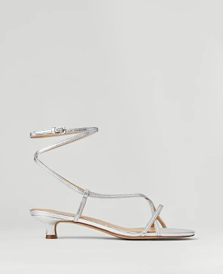 Ann Taylor Metallic Strappy Ankle Wrap Kitten Heel Sandals Silver Women's