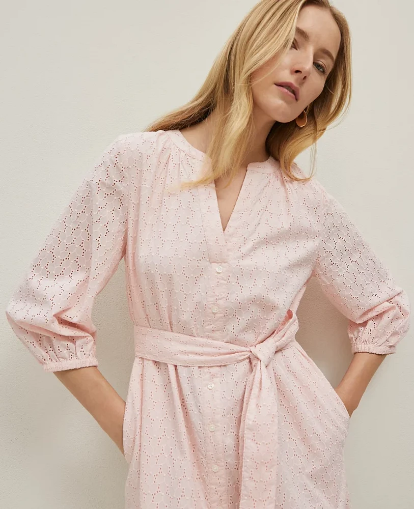 Ann Taylor Eyelet Belted Split Neck Dress Potpourri Women's
